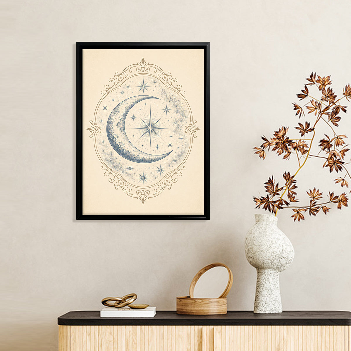 Framed Crescent Moon Art Print with Starry Sky Design, Vintage Style, High-Quality Matte Finish, Perfect for Home Decor in Any Room