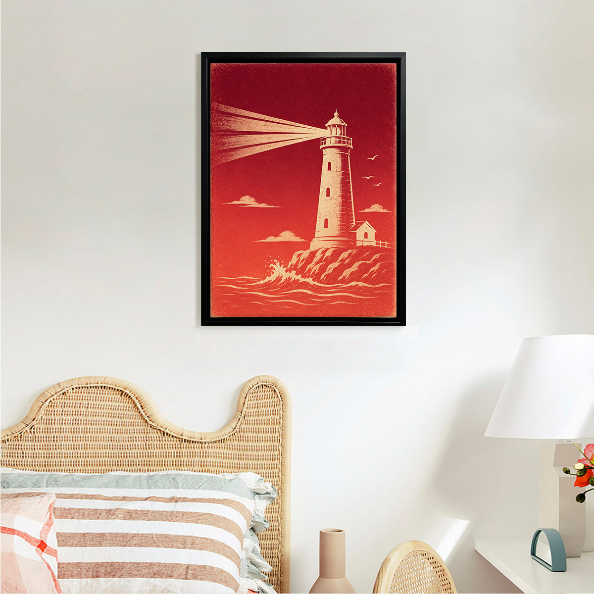 Framed Lighthouse Art Print, Vintage Red Design, Perfect Home Decor for Living Room or Office
