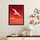 Framed Seagull Over Waves Art Print, Red Ocean Scene, Modern Home Decor