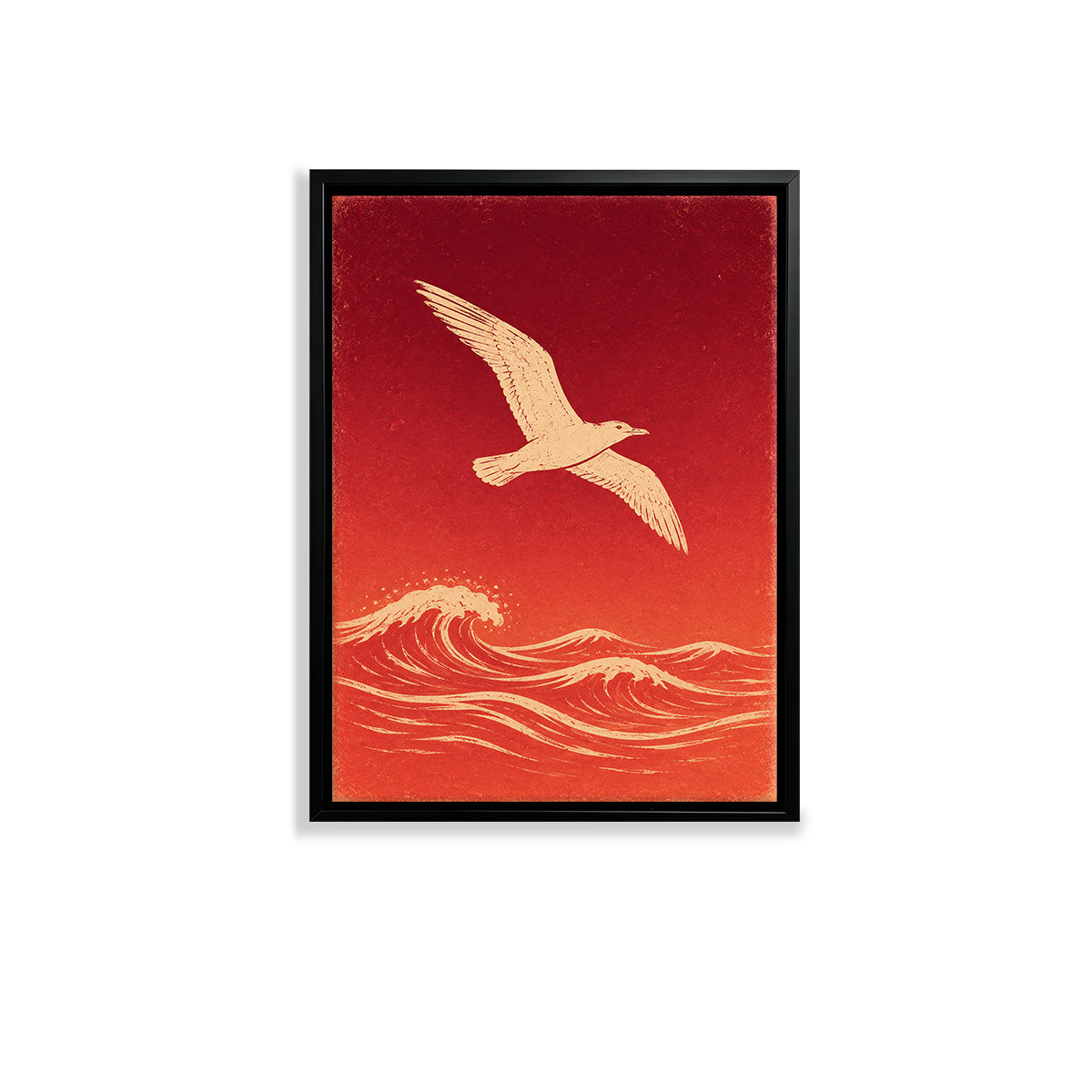 Framed Seagull Over Waves Art Print, Red Ocean Scene, Modern Home Decor