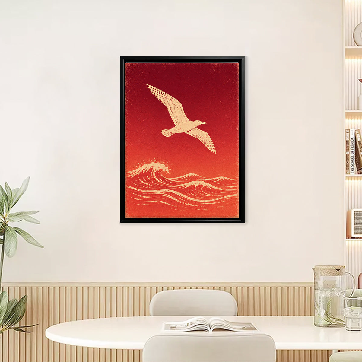 Framed Seagull Over Waves Art Print, Red Ocean Scene, Modern Home Decor