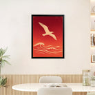 Framed Seagull Over Waves Art Print, Red Ocean Scene, Modern Home Decor
