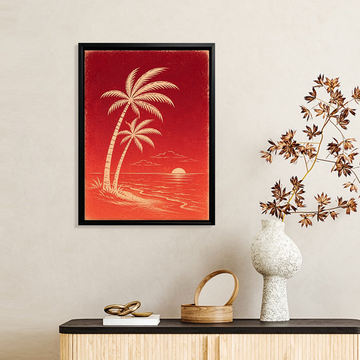 Framed Tropical Palm Trees Sunset Art Print, Vibrant Red Design, Perfect Home Decor for Any Room