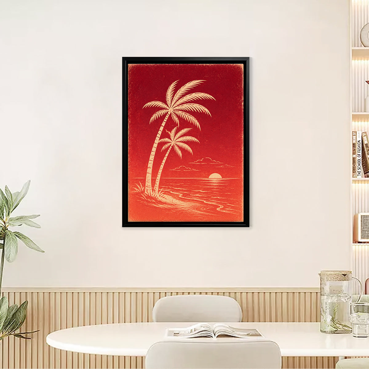 Framed Tropical Palm Trees Sunset Art Print, Vibrant Red Design, Perfect Home Decor for Any Room