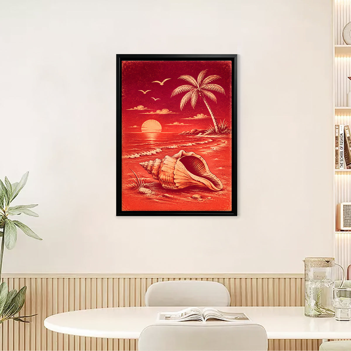 Framed Tropical Sunset Beach Art Print with Shell and Palm Tree, Vibrant Red Design, Perfect Home Decor