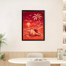 Framed Tropical Sunset Beach Art Print with Shell and Palm Tree, Vibrant Red Design, Perfect Home Decor