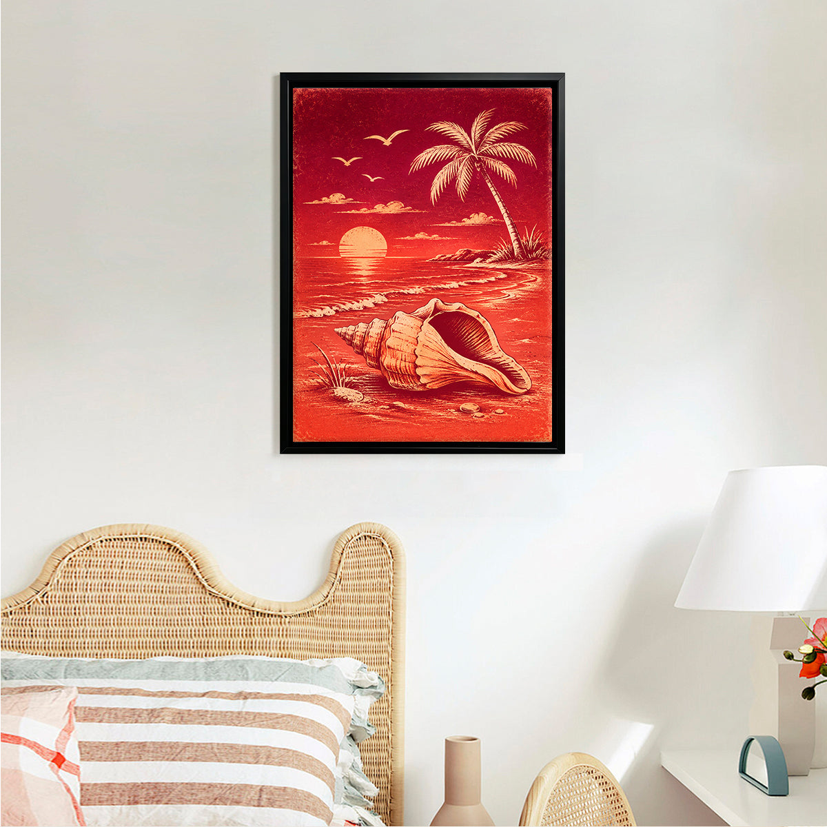 Framed Tropical Sunset Beach Art Print with Shell and Palm Tree, Vibrant Red Design, Perfect Home Decor