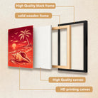 Framed Tropical Sunset Beach Art Print with Shell and Palm Tree, Vibrant Red Design, Perfect Home Decor
