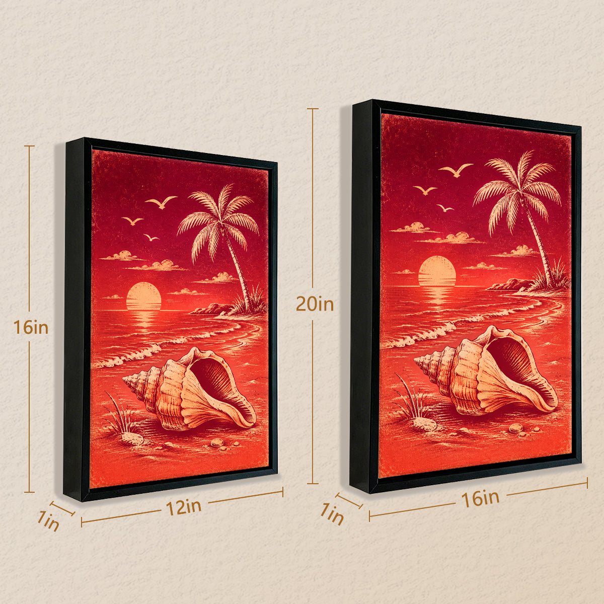 Framed Tropical Sunset Beach Art Print with Shell and Palm Tree, Vibrant Red Design, Perfect Home Decor
