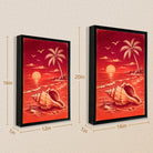 Framed Tropical Sunset Beach Art Print with Shell and Palm Tree, Vibrant Red Design, Perfect Home Decor