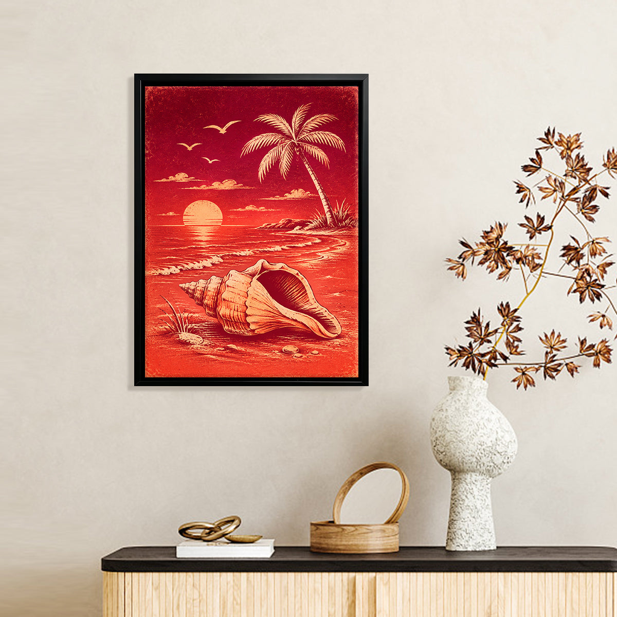 Framed Tropical Sunset Beach Art Print with Shell and Palm Tree, Vibrant Red Design, Perfect Home Decor