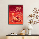 Framed Tropical Sunset Beach Art Print with Shell and Palm Tree, Vibrant Red Design, Perfect Home Decor