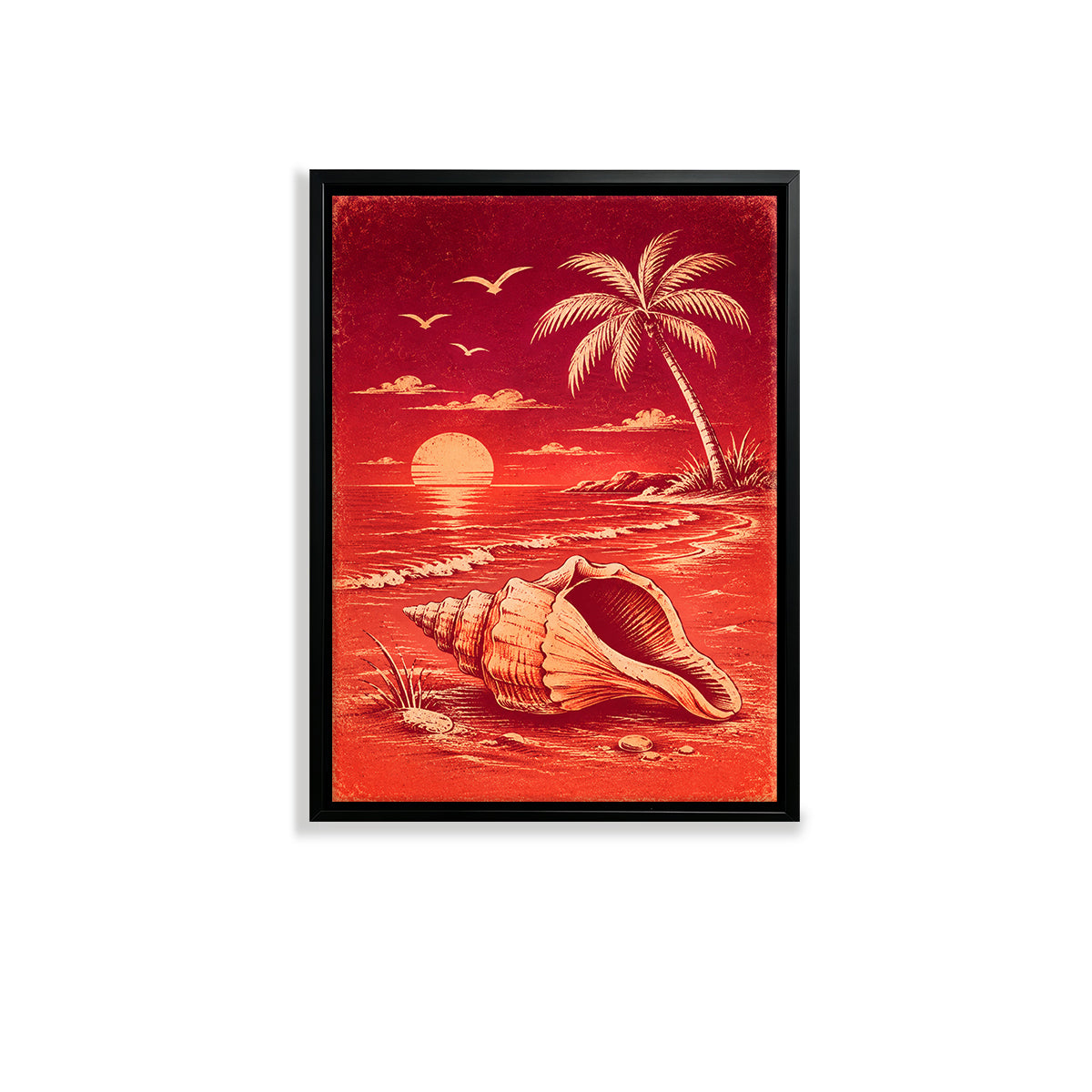 Framed Tropical Sunset Beach Art Print with Shell and Palm Tree, Vibrant Red Design, Perfect Home Decor