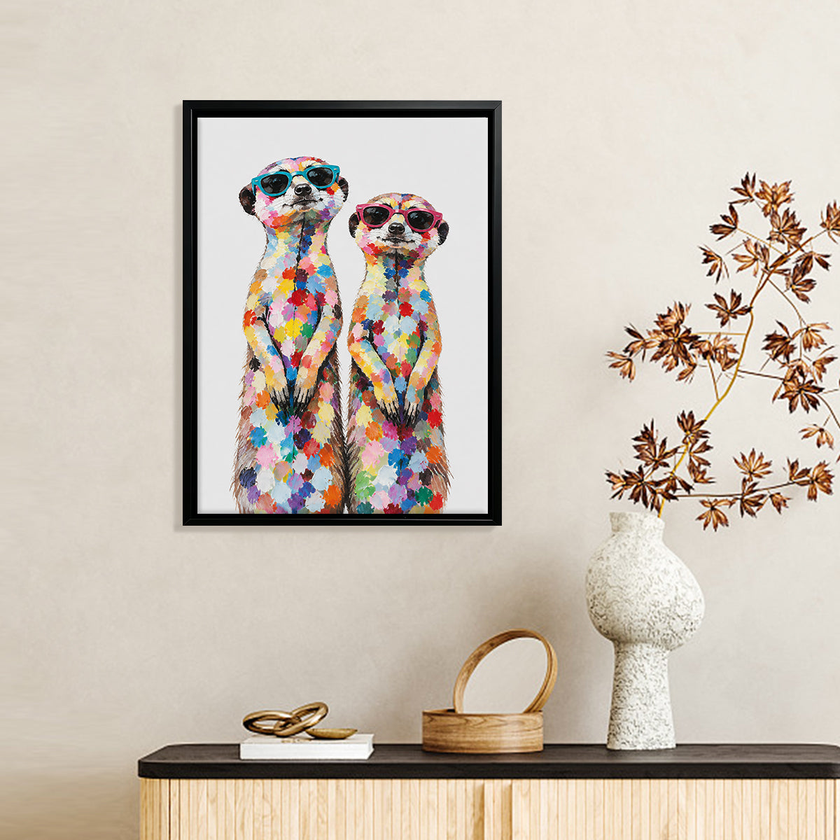 Framed Art Print of Colorful Meerkats in Sunglasses, Modern Home Decor, High-Quality Canvas