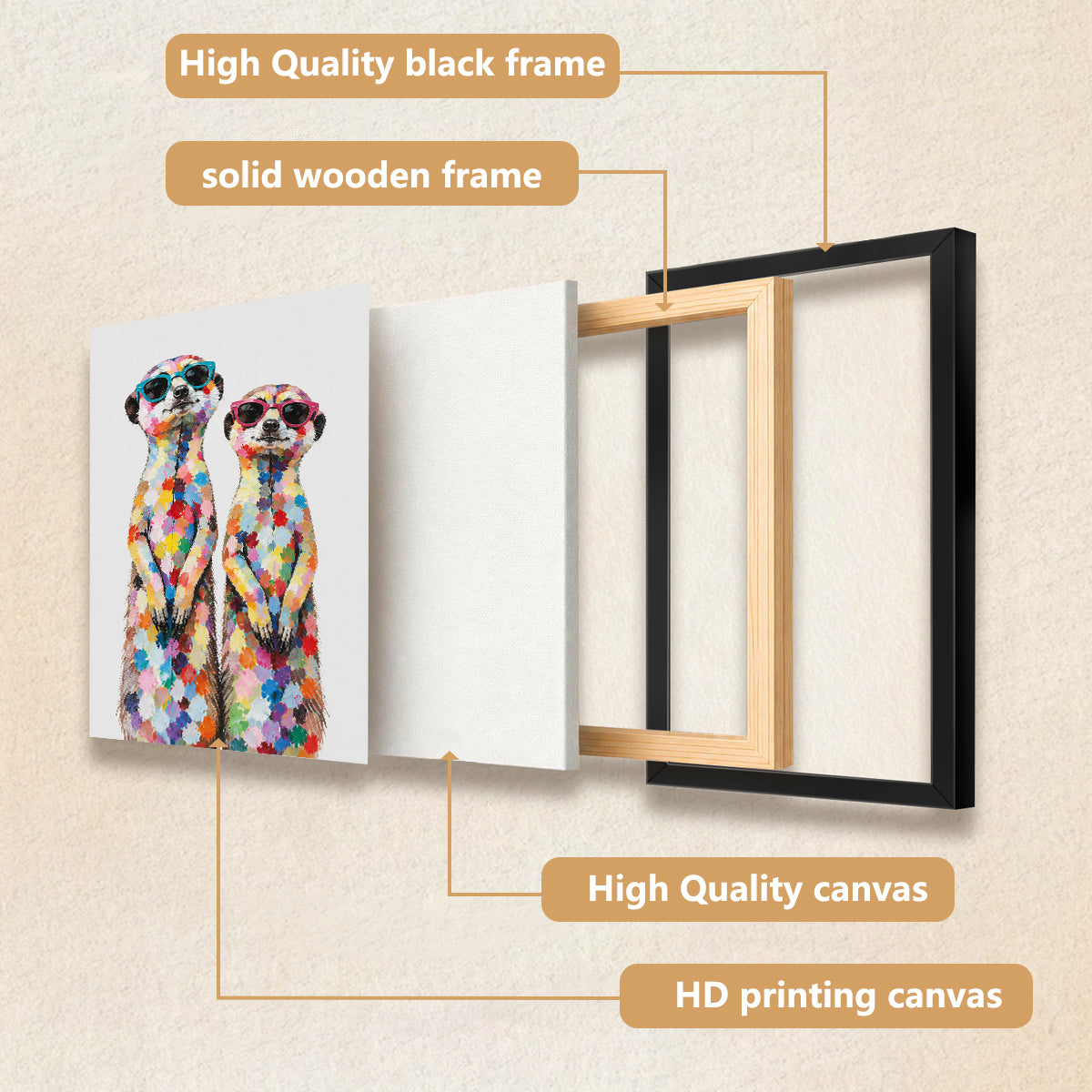 Framed Art Print of Colorful Meerkats in Sunglasses, Modern Home Decor, High-Quality Canvas