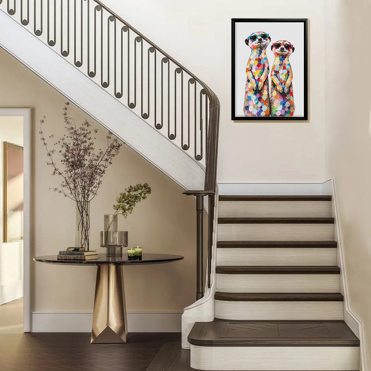 Framed Art Print of Colorful Meerkats in Sunglasses, Modern Home Decor, High-Quality Canvas