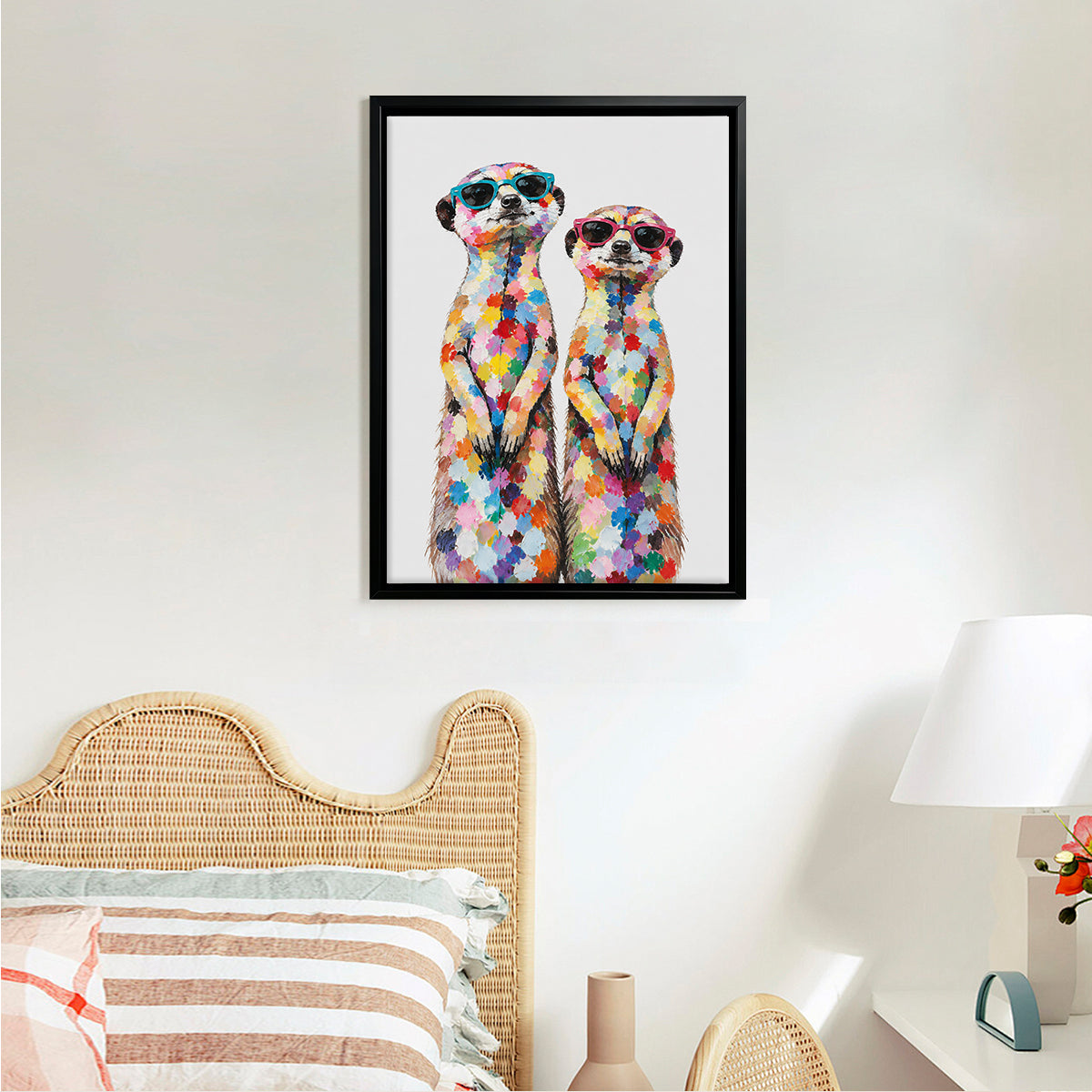 Framed Art Print of Colorful Meerkats in Sunglasses, Modern Home Decor, High-Quality Canvas