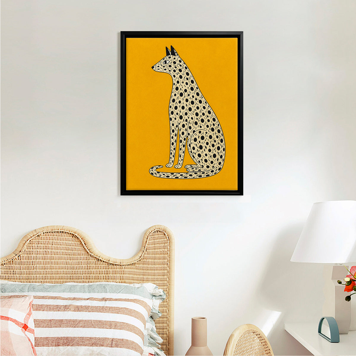 Framed Leopard Art Print, Modern Pattern Design, Vibrant Yellow Background, Home Decor