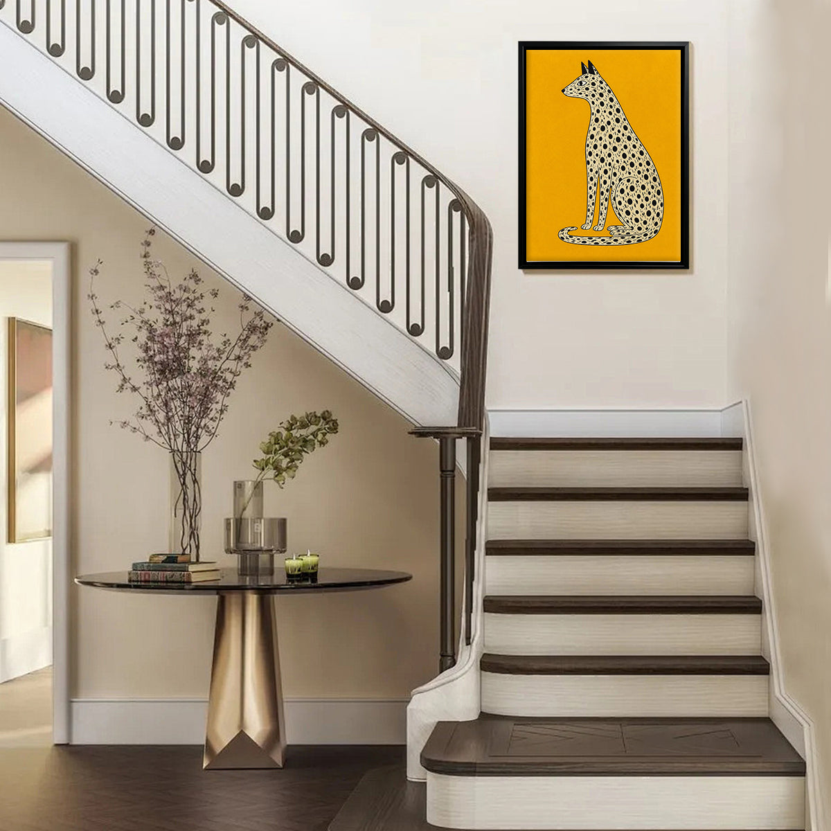 Framed Leopard Art Print, Modern Pattern Design, Vibrant Yellow Background, Home Decor