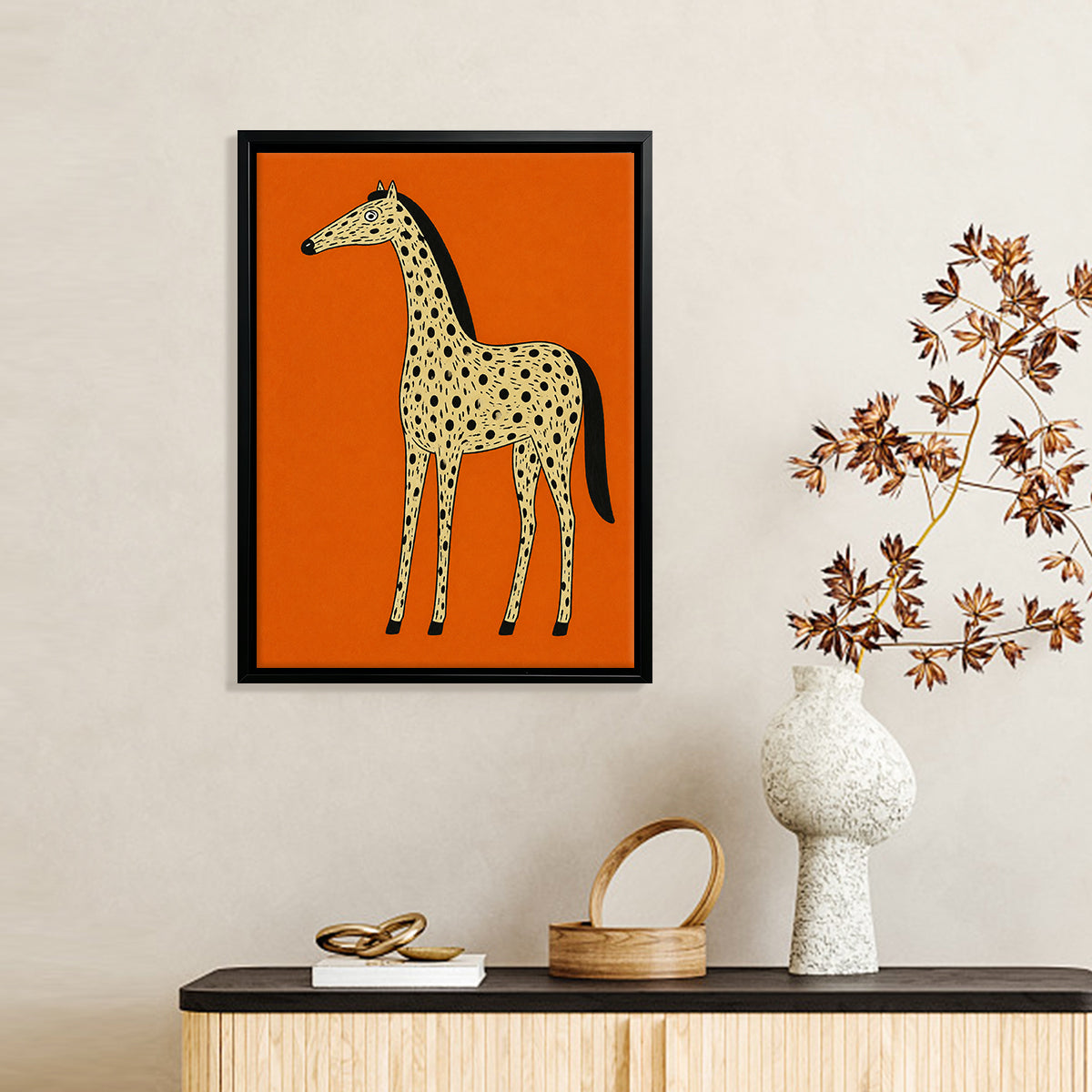 Framed Orange Horse Art Print with Spotted Pattern, Modern Home Decor, High-Quality Matte Finish