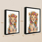 Framed Floral Lion Cub Art Print, Vibrant Wildlife Design, High-Quality Canvas, Perfect Home Decor for Any Room