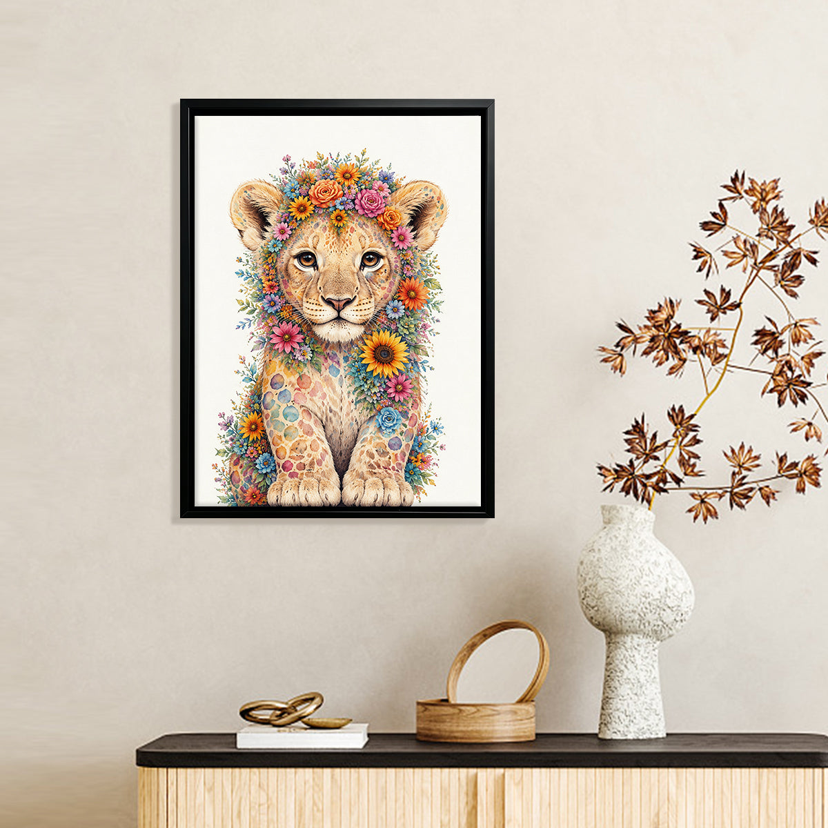 Framed Floral Lion Cub Art Print, Vibrant Wildlife Design, High-Quality Canvas, Perfect Home Decor for Any Room