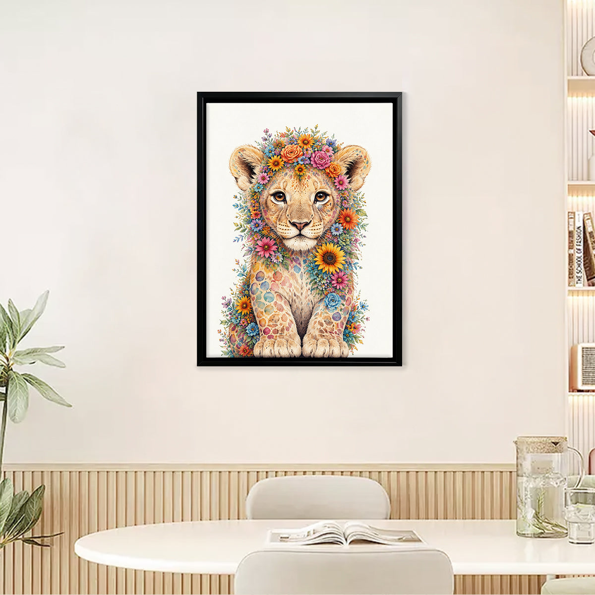 Framed Floral Lion Cub Art Print, Vibrant Wildlife Design, High-Quality Canvas, Perfect Home Decor for Any Room