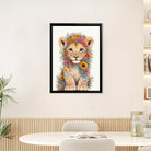 Framed Floral Lion Cub Art Print, Vibrant Wildlife Design, High-Quality Canvas, Perfect Home Decor for Any Room