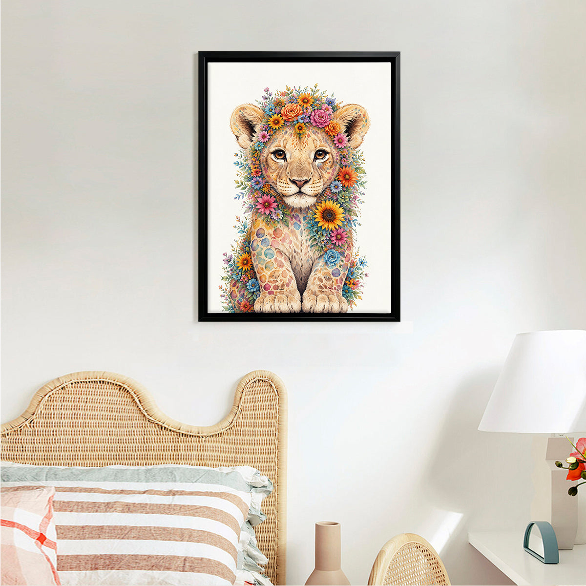 Framed Floral Lion Cub Art Print, Vibrant Wildlife Design, High-Quality Canvas, Perfect Home Decor for Any Room