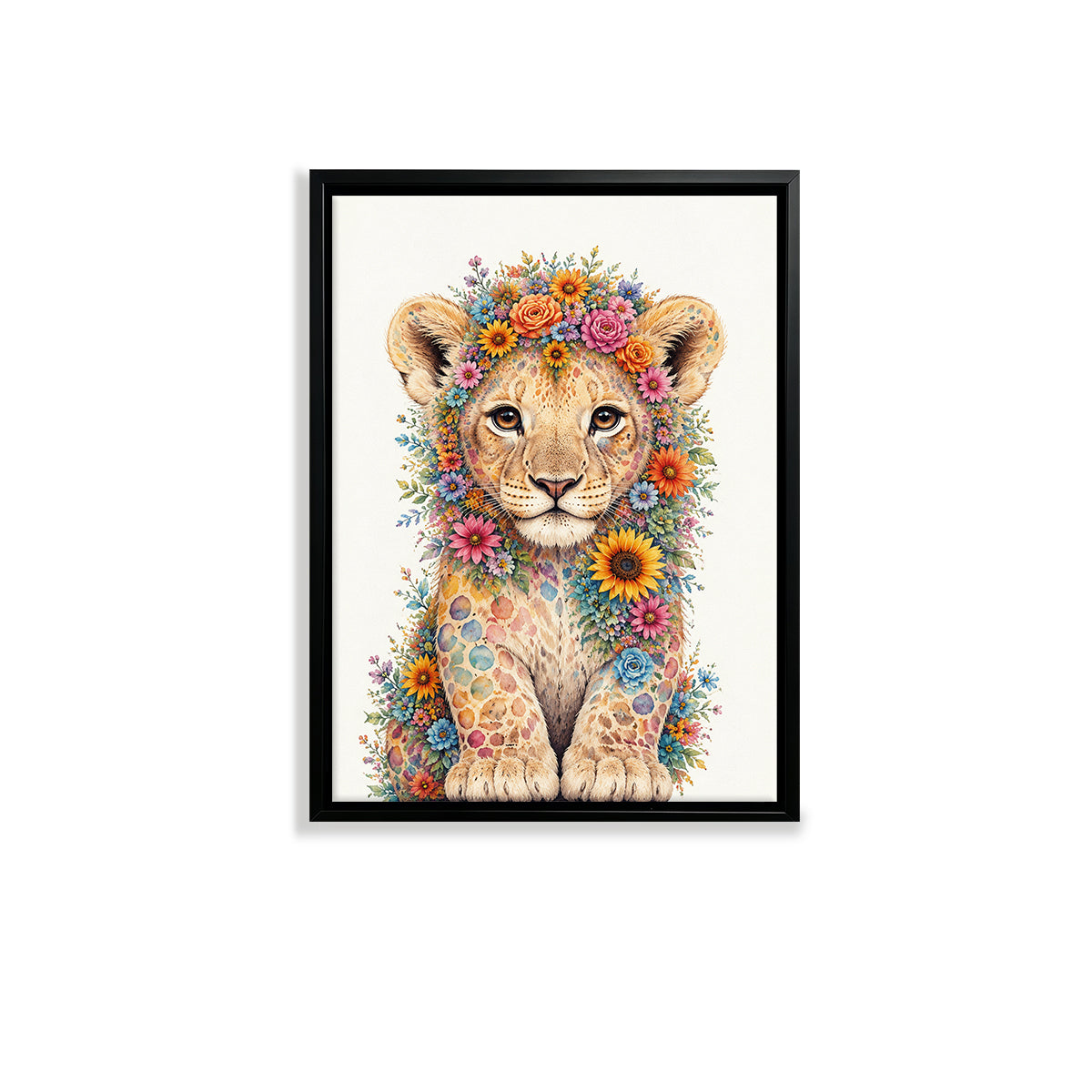 Framed Floral Lion Cub Art Print, Vibrant Wildlife Design, High-Quality Canvas, Perfect Home Decor for Any Room