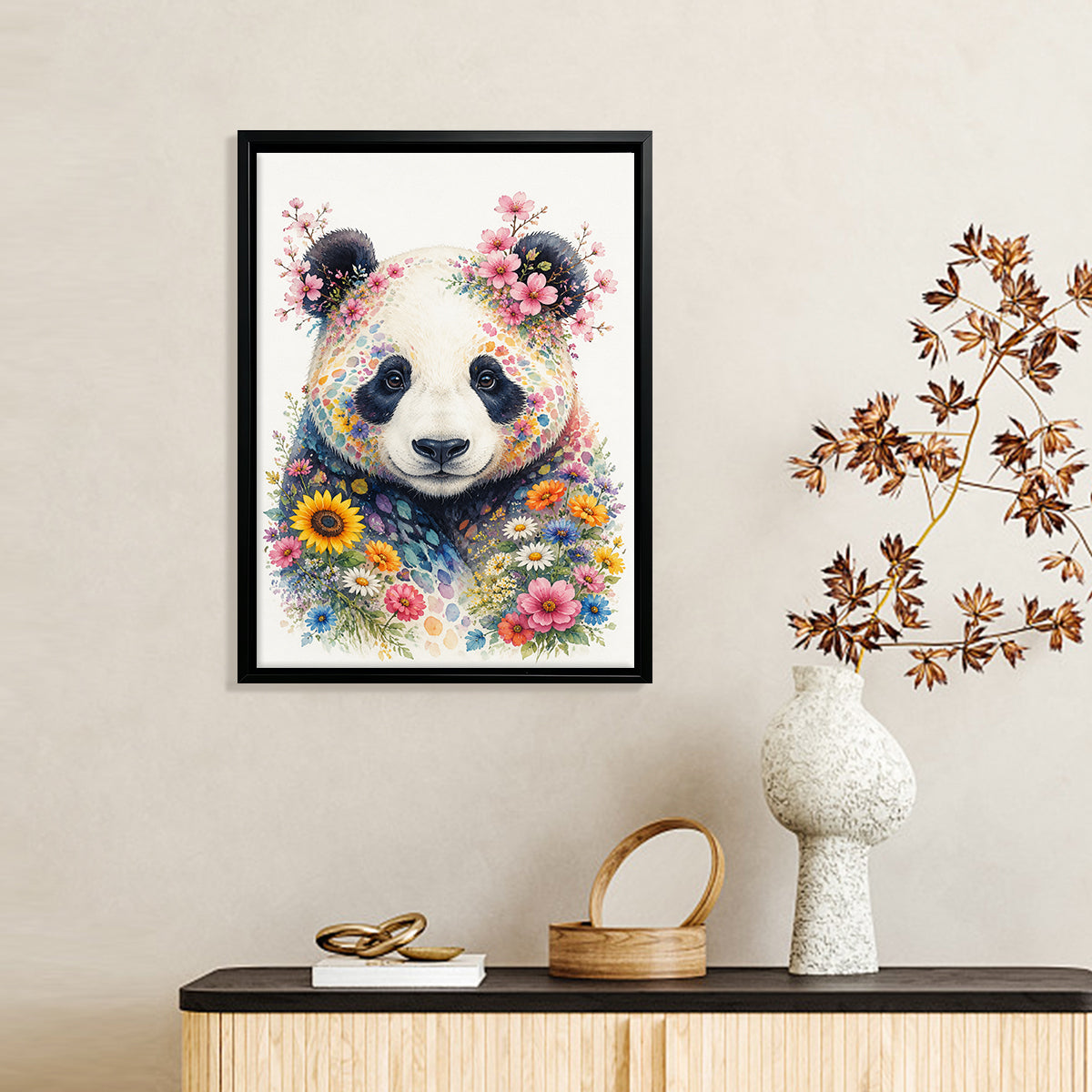 Framed Panda Art Print with Floral Design, Vibrant Colors, High-Quality Matte Paper, Perfect Home Decor for Any Room