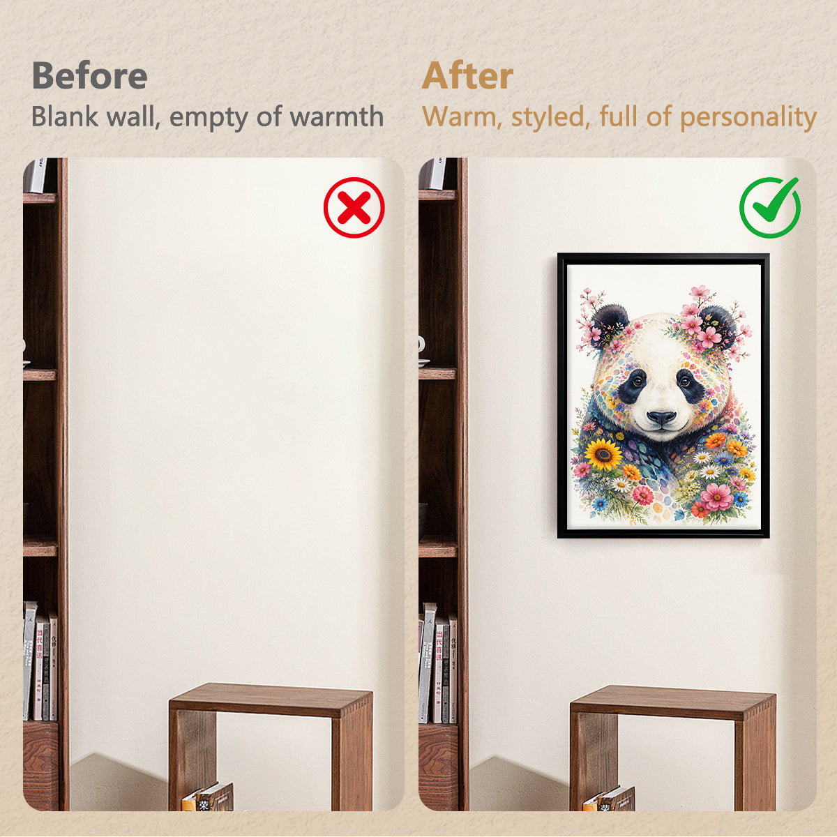 Framed Panda Art Print with Floral Design, Vibrant Colors, High-Quality Matte Paper, Perfect Home Decor for Any Room