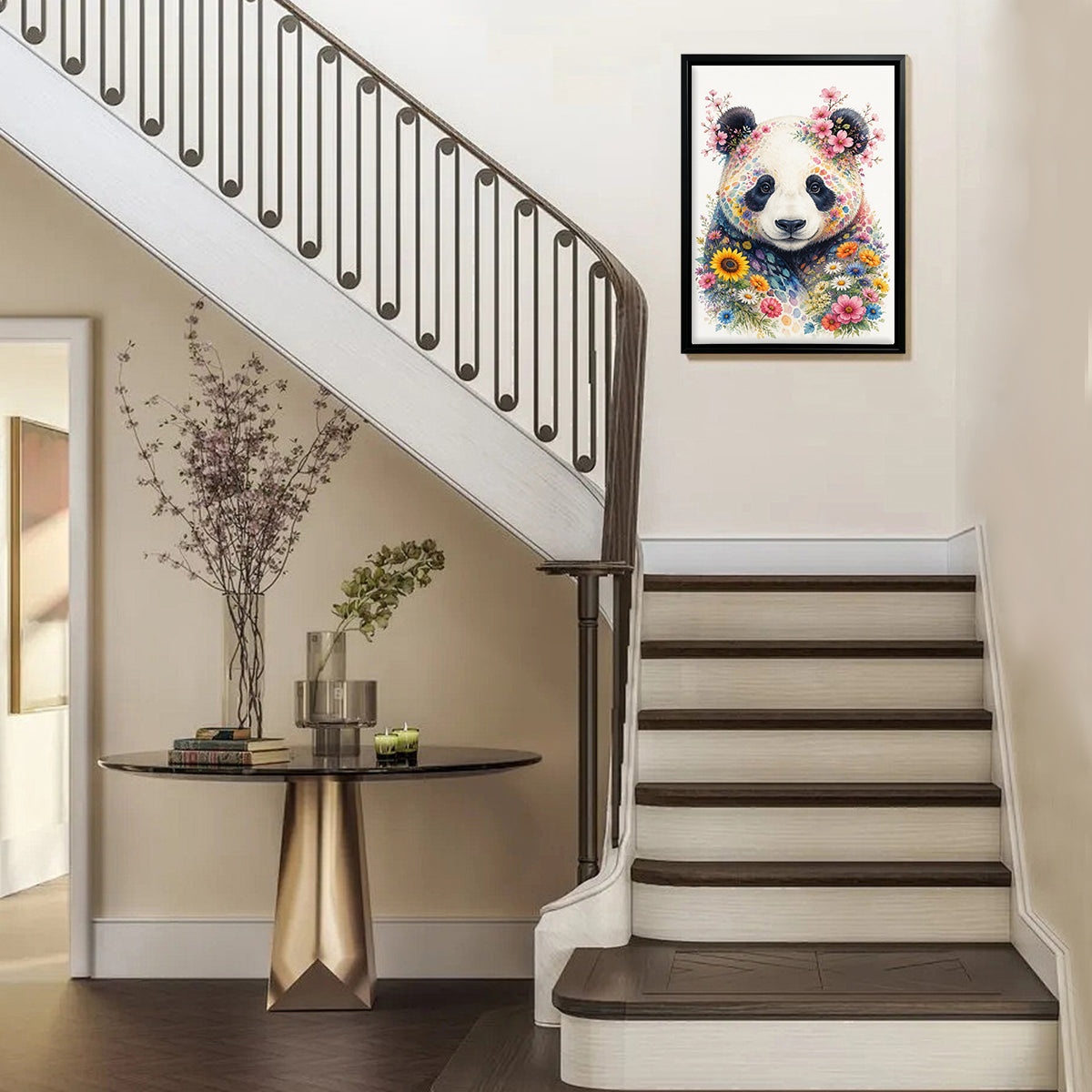 Framed Panda Art Print with Floral Design, Vibrant Colors, High-Quality Matte Paper, Perfect Home Decor for Any Room
