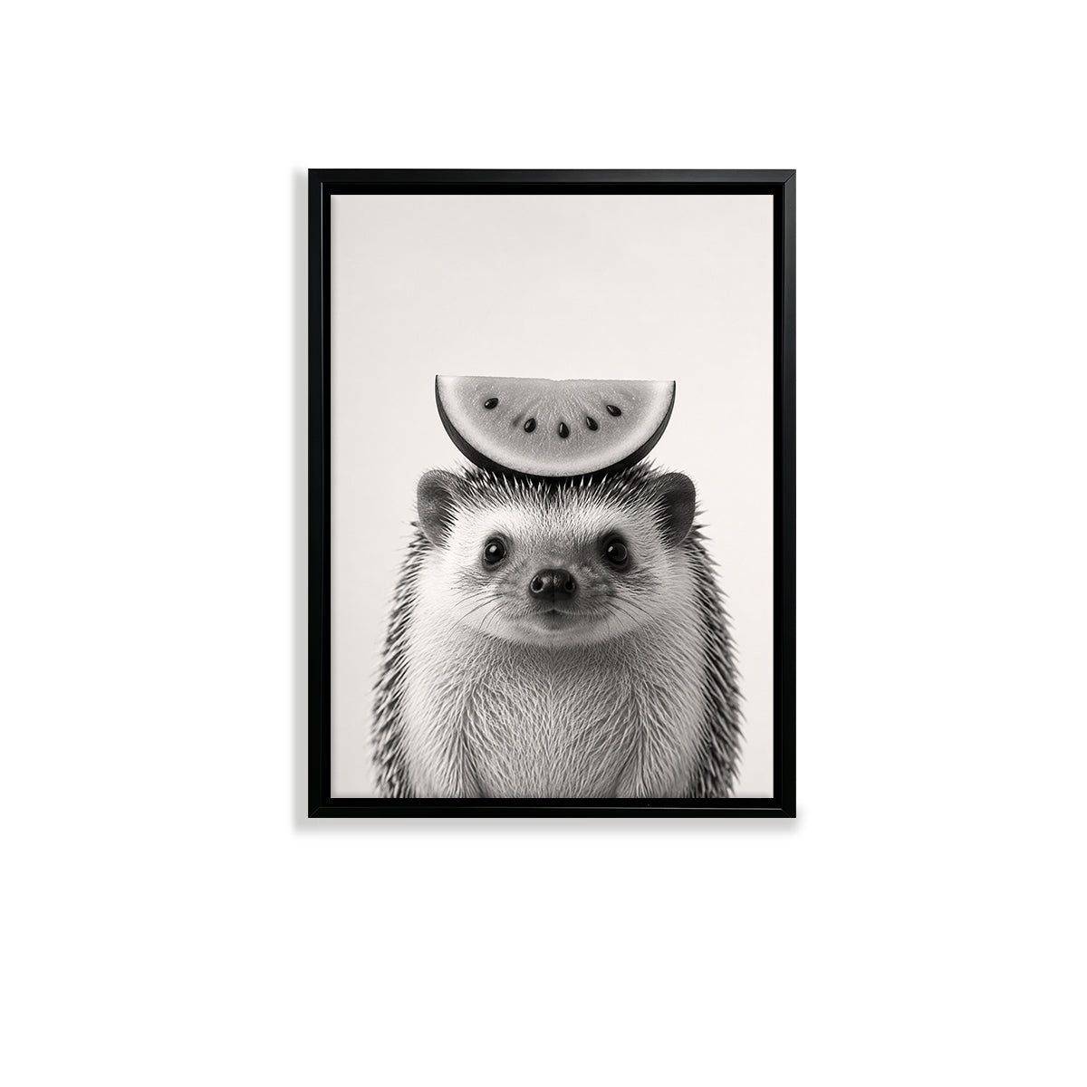 Framed Hedgehog with Watermelon Slice Art Print, Black and White Nordic Style, High-Quality Matte Finish for Home Decor