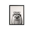Framed Hedgehog with Watermelon Slice Art Print, Black and White Nordic Style, High-Quality Matte Finish for Home Decor