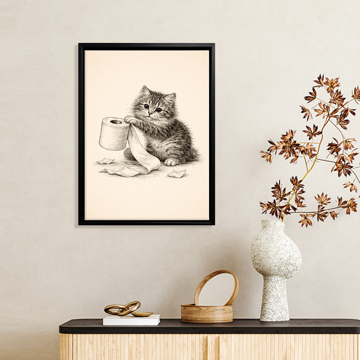 Framed Kitten Toilet Paper Art Print, Vintage Style, High-Quality Giclee, Perfect for Home Decor in Any Room