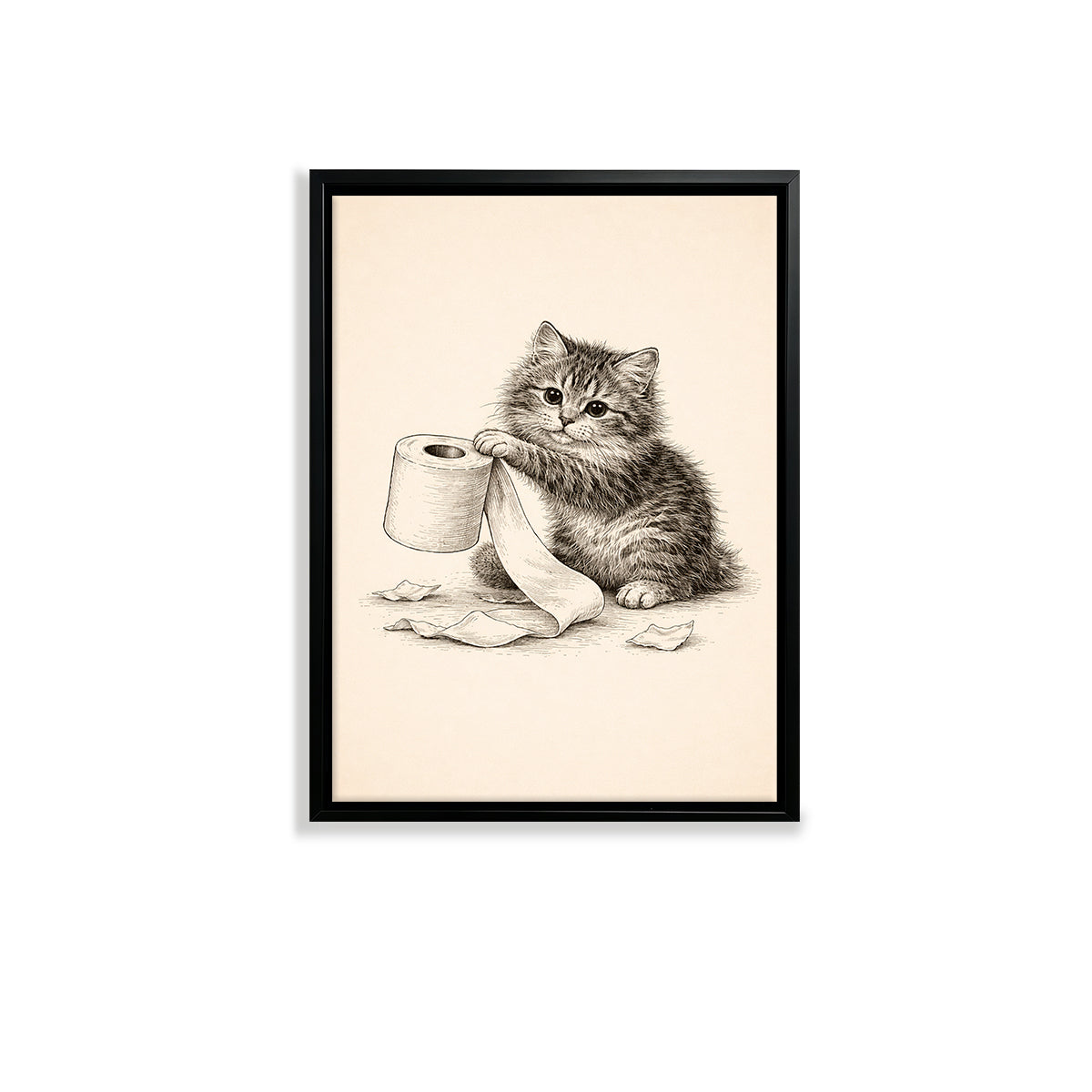 Framed Kitten Toilet Paper Art Print, Vintage Style, High-Quality Giclee, Perfect for Home Decor in Any Room