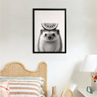 Framed Hedgehog with Watermelon Slice Art Print, Black and White Nordic Style, High-Quality Matte Finish for Home Decor