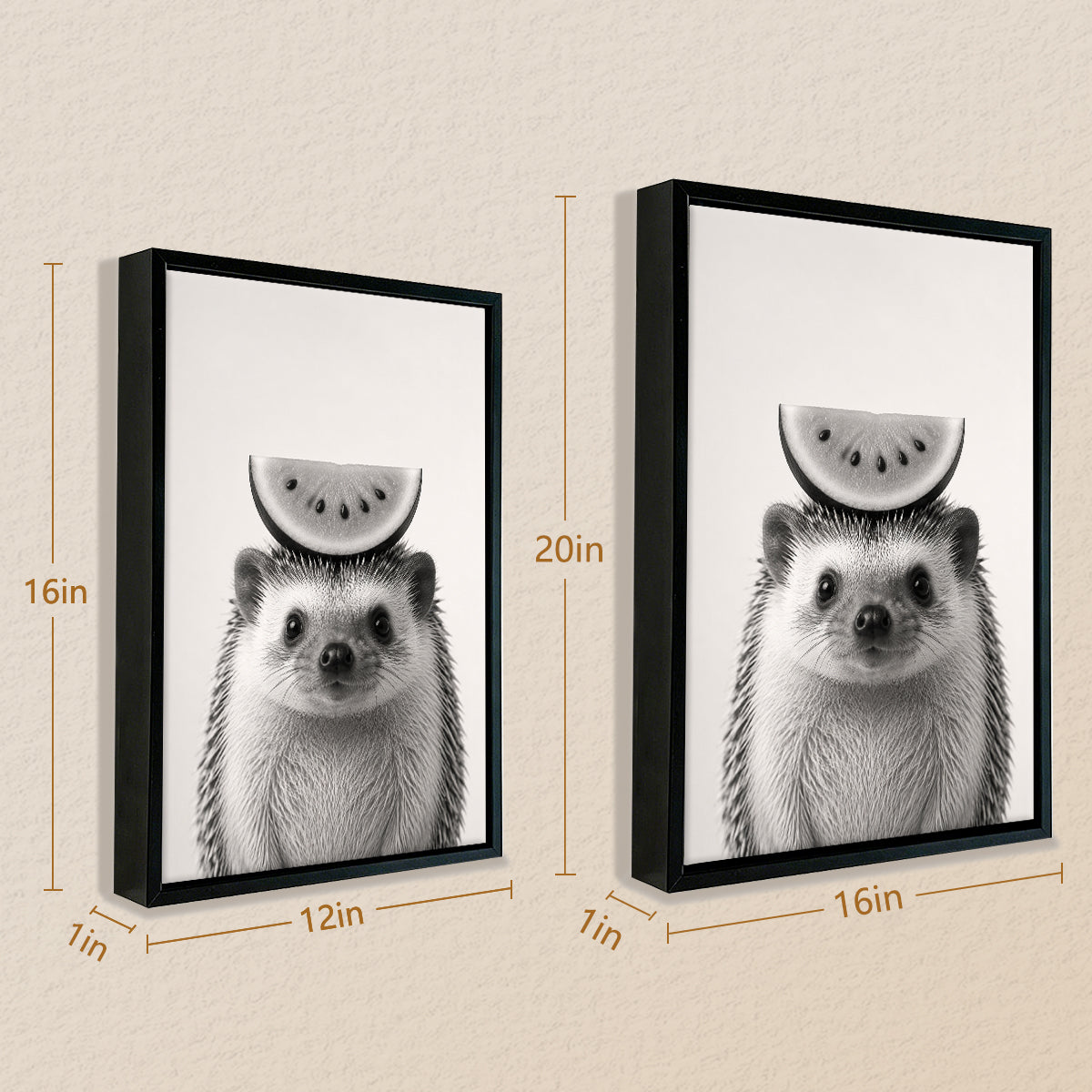 Framed Hedgehog with Watermelon Slice Art Print, Black and White Nordic Style, High-Quality Matte Finish for Home Decor