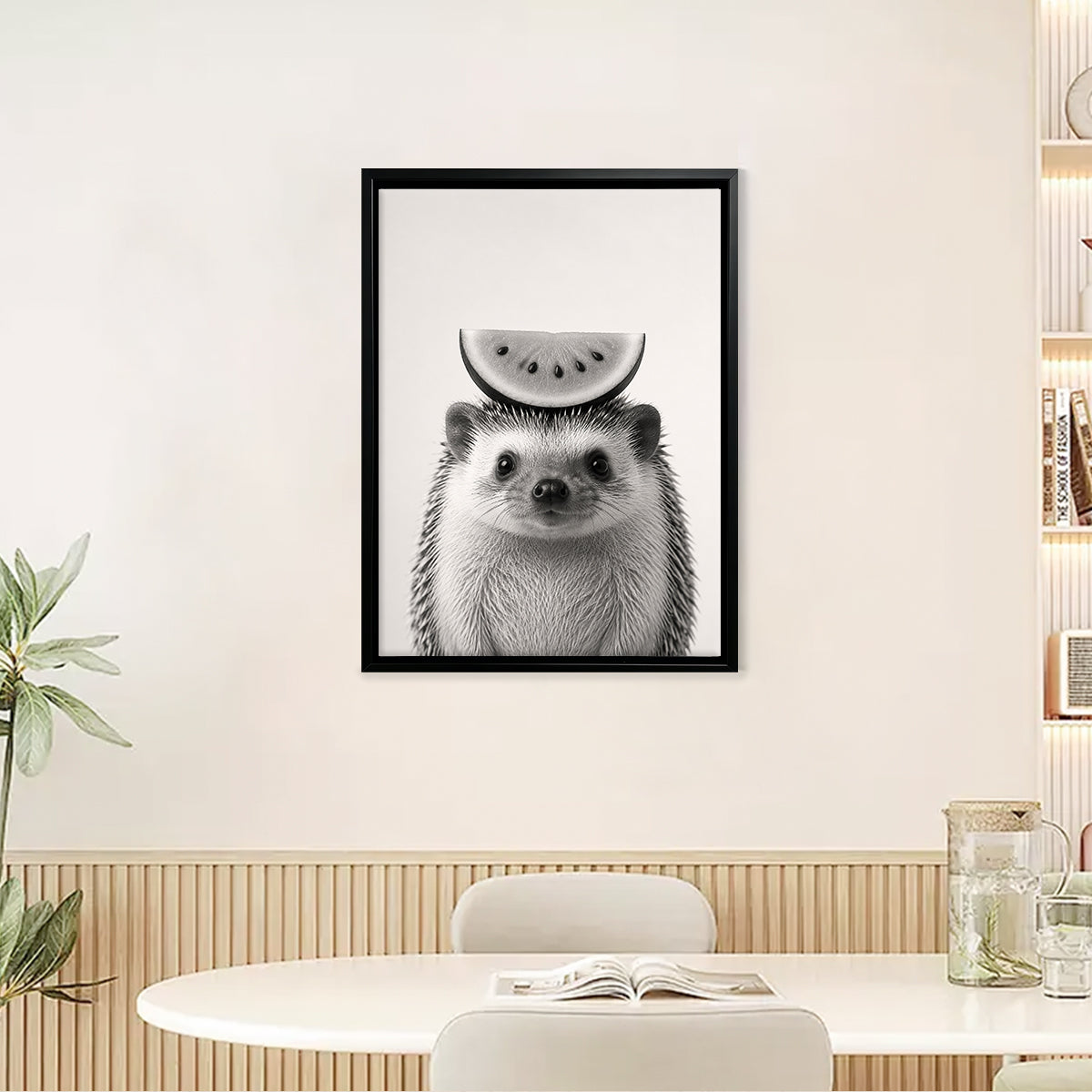 Framed Hedgehog with Watermelon Slice Art Print, Black and White Nordic Style, High-Quality Matte Finish for Home Decor