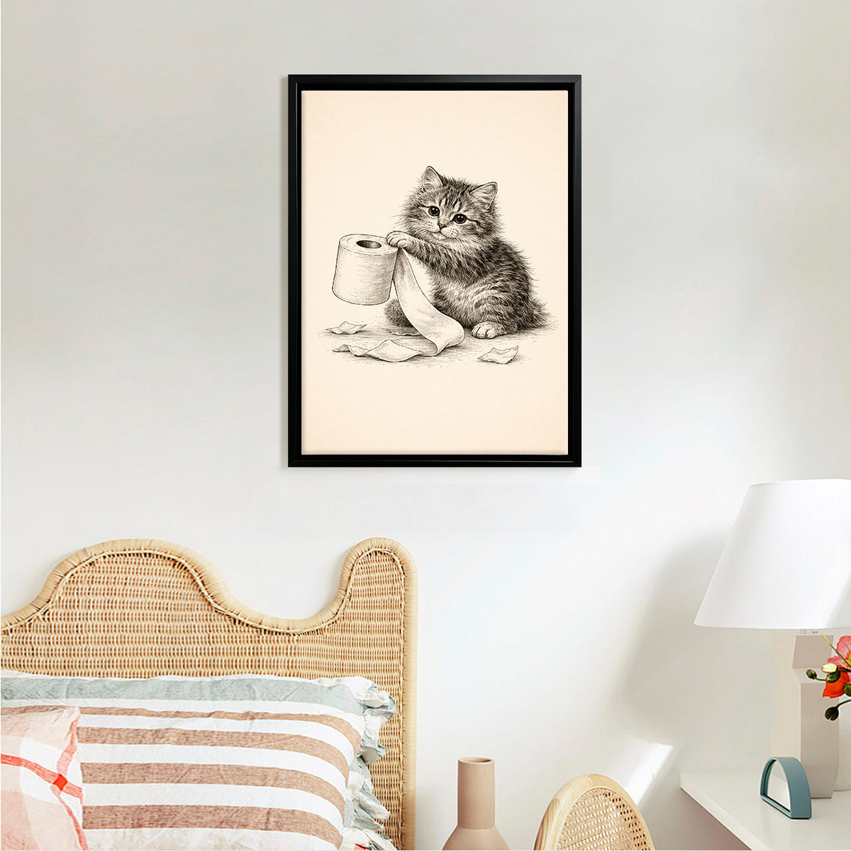 Framed Kitten Toilet Paper Art Print, Vintage Style, High-Quality Giclee, Perfect for Home Decor in Any Room