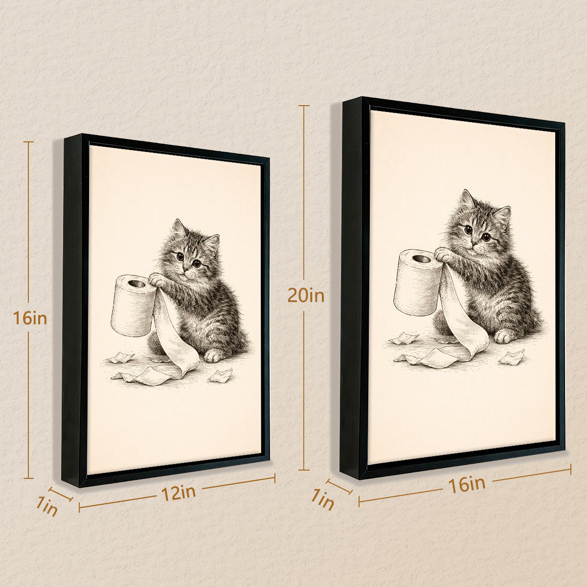 Framed Kitten Toilet Paper Art Print, Vintage Style, High-Quality Giclee, Perfect for Home Decor in Any Room