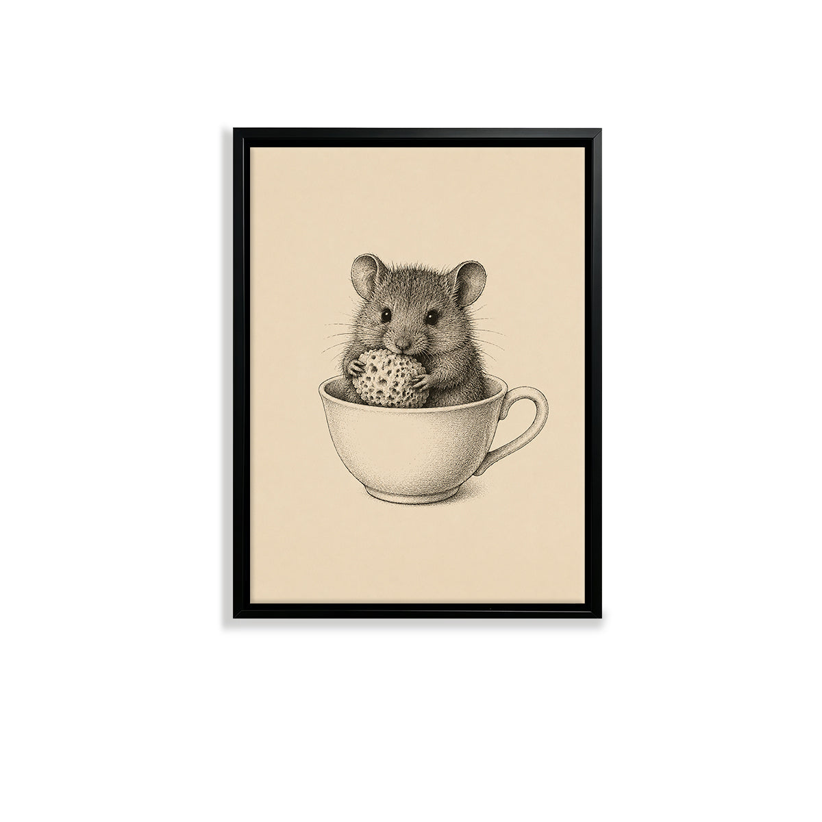 Framed Art Print of Mouse in Teacup, Vintage Style, High-Quality Giclee on Canvas, Perfect for Home Decor or Gift