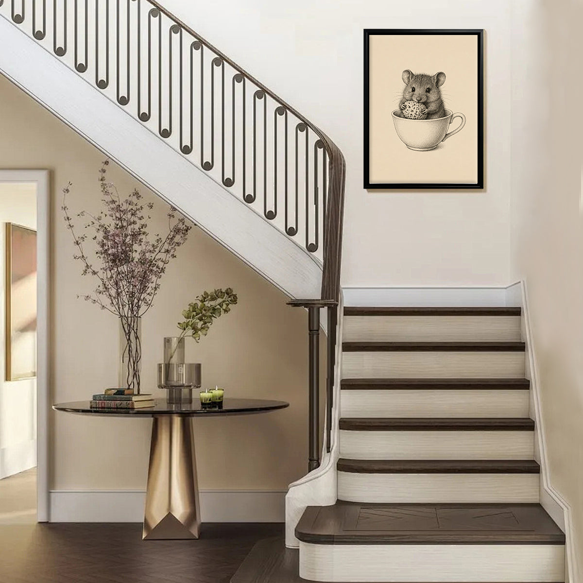 Framed Art Print of Mouse in Teacup, Vintage Style, High-Quality Giclee on Canvas, Perfect for Home Decor or Gift