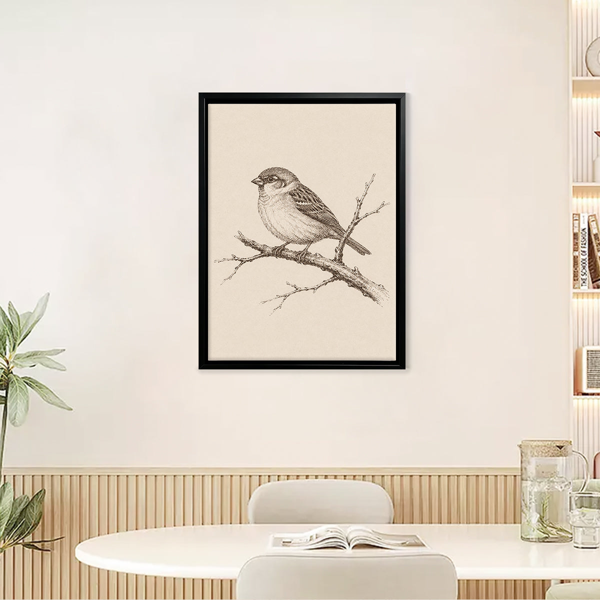 Framed Sparrow Illustration Print, Vintage Style, High-Quality Artwork for Home Decor