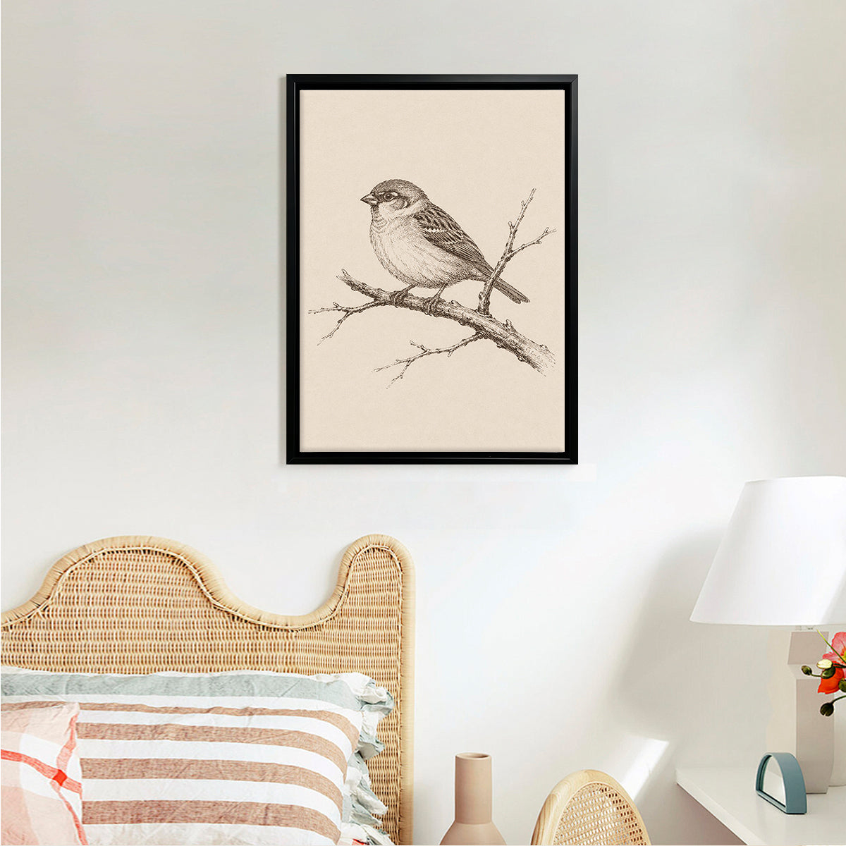 Framed Sparrow Illustration Print, Vintage Style, High-Quality Artwork for Home Decor