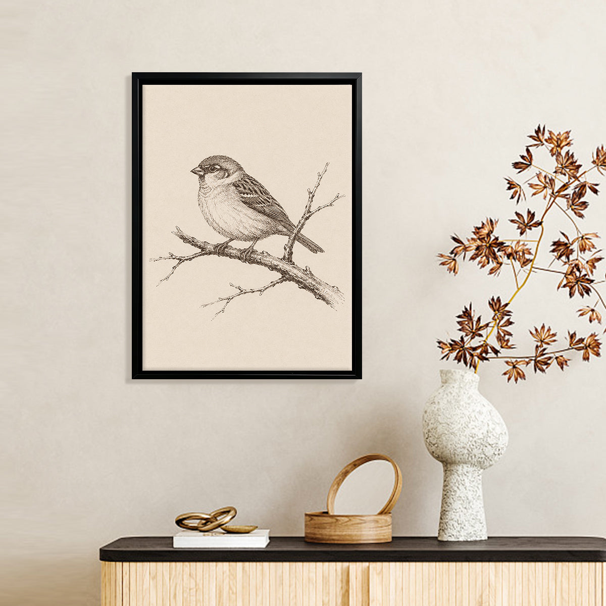 Framed Sparrow Illustration Print, Vintage Style, High-Quality Artwork for Home Decor