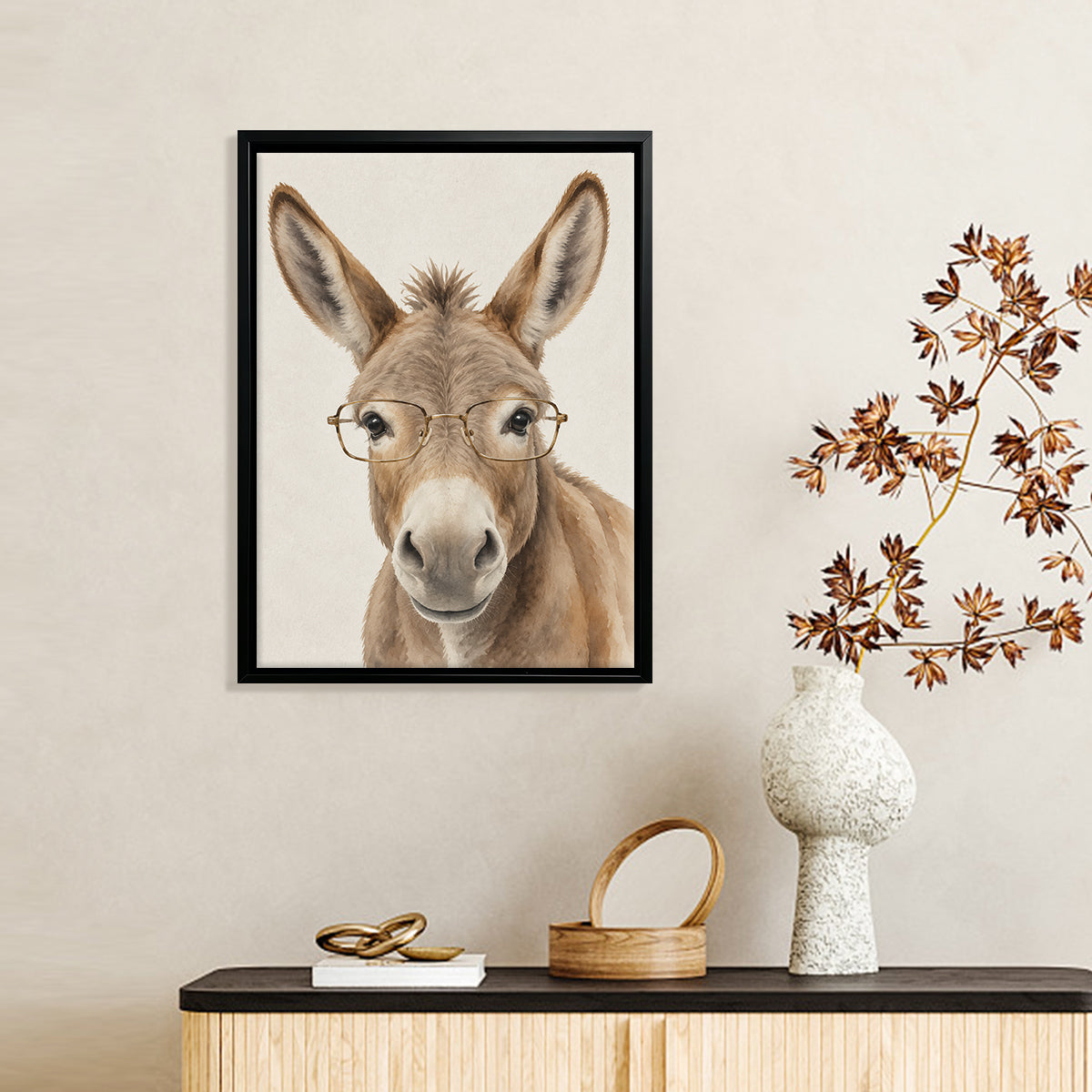 Framed Donkey Art Print with Glasses, Modern Farmhouse Style, High-Quality Canvas for Home Decor