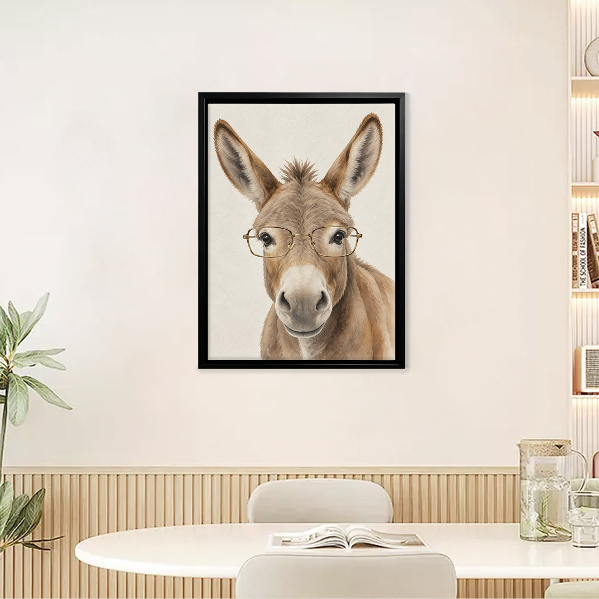 Framed Donkey Art Print with Glasses, Modern Farmhouse Style, High-Quality Canvas for Home Decor