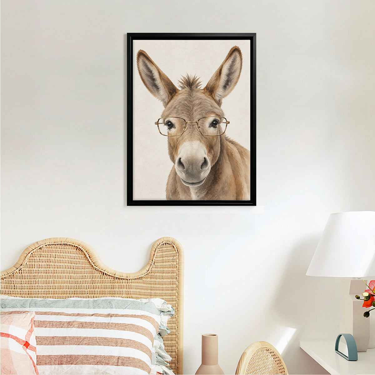 Framed Donkey Art Print with Glasses, Modern Farmhouse Style, High-Quality Canvas for Home Decor